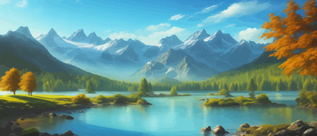 Picture of a mountain lake with a mountain range in the background and a lake in the foreground with a mountain range in the background. vector illustrationのイラスト素材