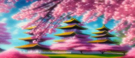 Cherry trees and lake under Mount Fuji, clear cloudy sky at dusk, super realistic and highly detailed Japanese pagoda, vector illustration.のイラスト素材