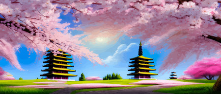 Cherry trees and lake under Mount Fuji, clear cloudy sky at dusk, super realistic and highly detailed Japanese pagoda, vector illustration.の素材