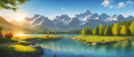 Picture of a mountain lake with a mountain range in the background and a lake in the foreground with a mountain range in the background. vector illustrationのイラスト素材