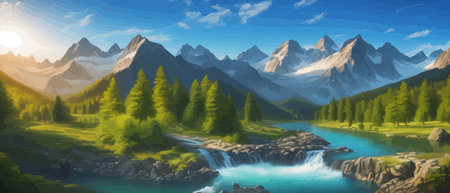 Picture of a mountain lake with a mountain range in the background and a lake in the foreground with a mountain range in the background. vector illustrationのイラスト素材