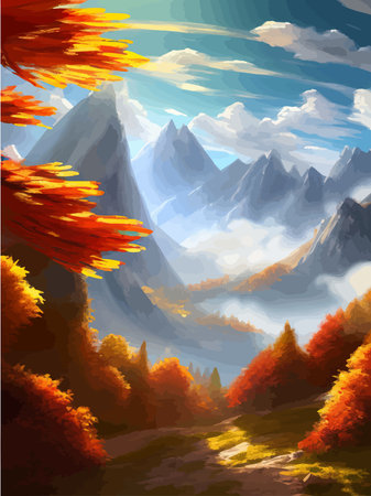 Vector illustration of countryside in autumn, autumn landscape mountains and maple trees fallen with yellow foliage. Forest in shades of orange and teal in the fall.のイラスト素材