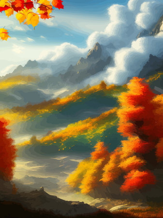 Vector illustration of countryside in autumn, autumn landscape mountains and maple trees fallen with yellow foliage. Forest in shades of orange and teal in the fall.のイラスト素材