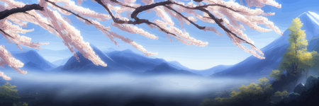 Japanese landscape with sakura trees against the backdrop of mountains and a volcano. beautiful fantasy landscape. vector banner illustration.のイラスト素材