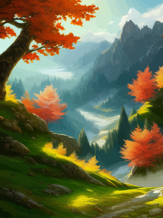 Colorful autumn landscape. Autumn season with red majestic mountains.のイラスト素材
