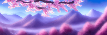Japanese landscape with sakura trees against the backdrop of mountains and a volcano. beautiful fantasy landscape. vector banner illustration.のイラスト素材