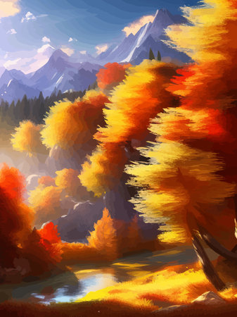 Vector illustration of countryside in autumn, autumn landscape mountains and maple trees fallen with yellow foliage. Forest in shades of orange and teal in the fall.のイラスト素材