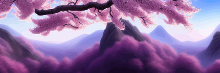 Japanese landscape with sakura trees against the backdrop of mountains and a volcano. beautiful fantasy landscape. vector banner illustration.のイラスト素材