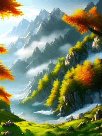 Colorful autumn landscape. Autumn season with red majestic mountains.のイラスト素材