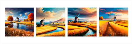 Rural summer landscape with windmill and wheat field. Vector illustration. Nature rural landscape with old dutchのイラスト素材