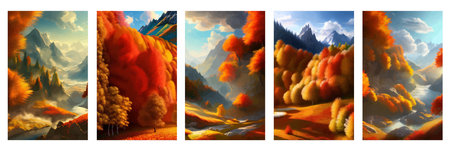 Vector illustration of countryside in autumn, autumn landscape mountains and maple trees fallen with yellow foliage. Forest in shades of orange and teal in the fall.の写真素材