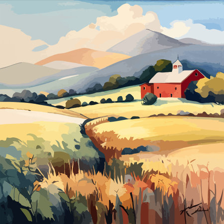 Farm on a hill with yellow or golden wheat field in a watercolor style, agriculture, cultivation, countryside, fieldのイラスト素材