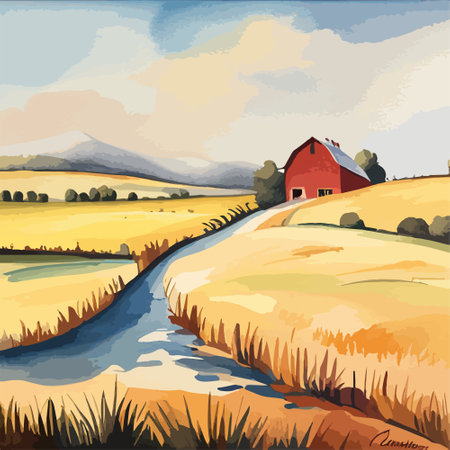 Farm on a hill with yellow or golden wheat field in a watercolor style, agriculture, cultivation, countryside, fieldのイラスト素材