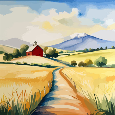 Farm on a hill with yellow or golden wheat field in a watercolor style, agriculture, cultivation, countryside, fieldのイラスト素材