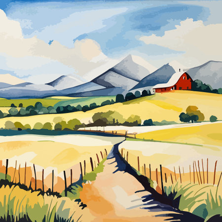 Farm on a hill with yellow or golden wheat field in a watercolor style, agriculture, cultivation, countryside, fieldのイラスト素材