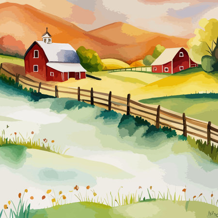 Farm on a hill with yellow or golden wheat field in a watercolor style, agriculture, cultivation, countryside, fieldのイラスト素材