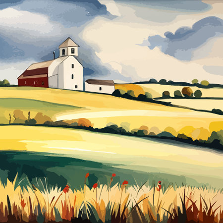 Farm on a hill with yellow or golden wheat field in a watercolor style, agriculture, cultivation, countryside, fieldのイラスト素材