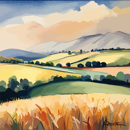 Farm on a hill with yellow or golden wheat field in a watercolor style, agriculture, cultivation, countryside, fieldのイラスト素材