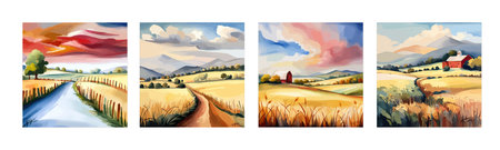 Farm on a hill with yellow or golden wheat field in a watercolor style, agriculture, cultivation, countryside, fieldのイラスト素材