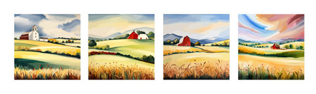 Farm on a hill with yellow or golden wheat field in a watercolor style, agriculture, cultivation, countryside, fieldのイラスト素材