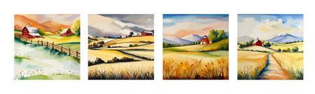 Farm on a hill with yellow or golden wheat field in a watercolor style, agriculture, cultivation, countryside, fieldのイラスト素材