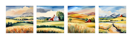 Farm on a hill with yellow or golden wheat field in a watercolor style, agriculture, cultivation, countryside, fieldのイラスト素材