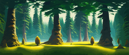 Landscape in scandinavian arctic forest, pine trees and snowy sunset, matte painting vector illustrationのイラスト素材