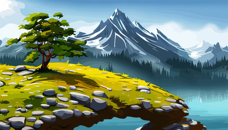 Beautiful fantasy landscape field full of spring, with color, background vector illustration. flowers against backdropのイラスト素材