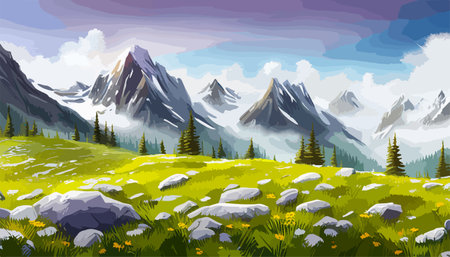 Beautiful fantasy landscape field full of spring, with color, background vector illustration. flowers against backdropのイラスト素材