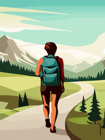 Beautiful design with a sense of travel. A young woman with a backpack inspects the surroundings. Vector verticalのイラスト素材
