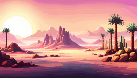 Desert background Summer with sun, sand, clouds, palms Trees Vector design style Nature Landscape.のイラスト素材