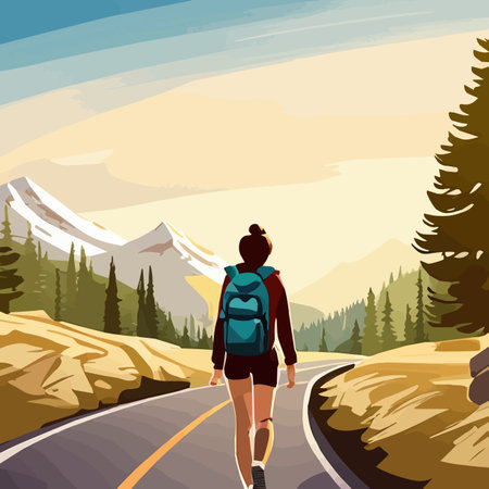 Adventure woman hiker enjoying hiking in mountains with nordic poles backpack flat vector illustration. Woman traveler travels with backpack.のイラスト素材