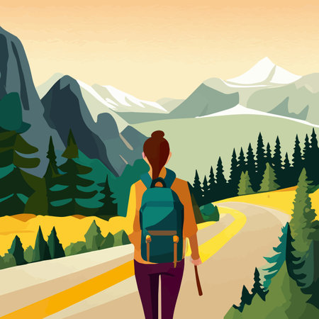 Adventure woman hiker enjoying hiking in mountains with nordic poles backpack flat vector illustration. Woman traveler travels with backpack.のイラスト素材