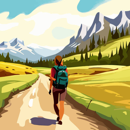 Adventure woman hiker enjoying hiking in mountains with nordic poles backpack flat vector illustration. Woman traveler travels with backpack.のイラスト素材