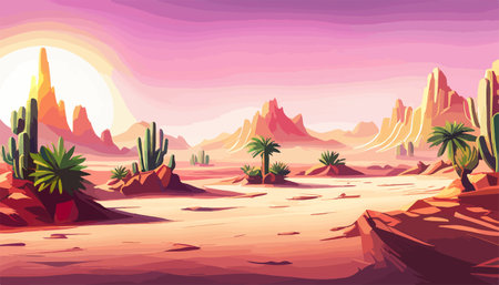 Desert background Summer with sun, sand, clouds, palms Trees Vector design style Nature Landscape.のイラスト素材