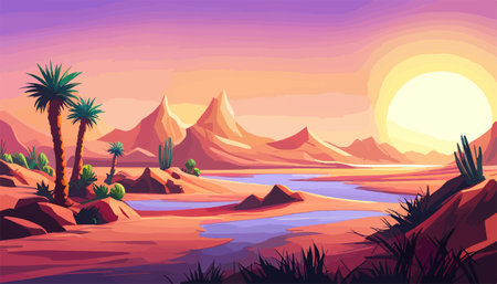 Desert background Summer with sun, sand, clouds, palms Trees Vector design style Nature Landscape.のイラスト素材