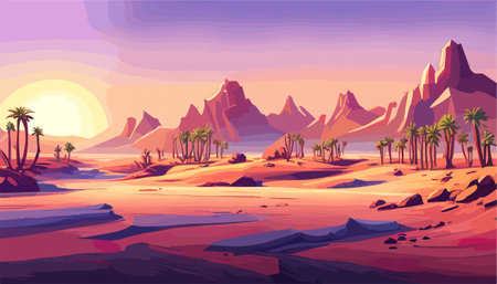 Desert background Summer with sun, sand, clouds, palms Trees Vector design style Nature Landscape.のイラスト素材