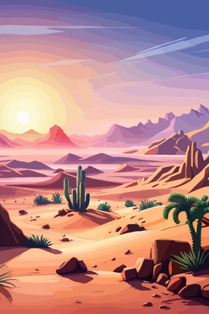Desert background Summer with sun, sand, clouds, palms Trees Vector design style Nature Landscape.のイラスト素材
