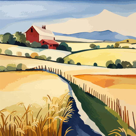 Farm on a hill with yellow or golden wheat field in a watercolor style, agriculture, cultivation, countryside, fieldのイラスト素材