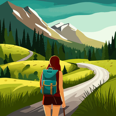 Adventure woman hiker enjoying hiking in mountains with nordic poles backpack flat vector illustration. Woman traveler travels with backpack.のイラスト素材