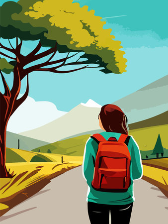 Beautiful design with a sense of travel. A young woman with a backpack inspects the surroundings. Vector verticalのイラスト素材