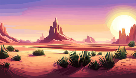 Desert background Summer with sun, sand, clouds, palms Trees Vector design style Nature Landscape.のイラスト素材