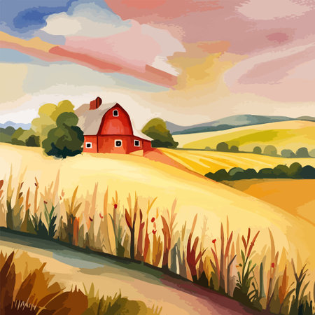 Farm on a hill with yellow or golden wheat field in a watercolor style, agriculture, cultivation, countryside, fieldのイラスト素材