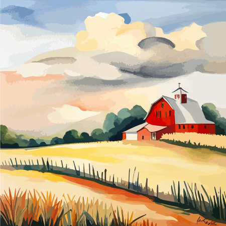 Farm on a hill with yellow or golden wheat field in a watercolor style, agriculture, cultivation, countryside, fieldのイラスト素材