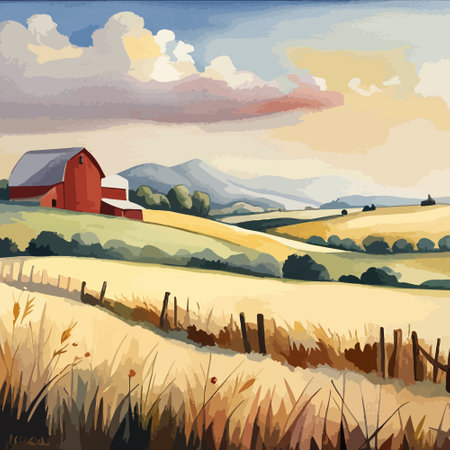 Farm on a hill with yellow or golden wheat field in a watercolor style, agriculture, cultivation, countryside, fieldのイラスト素材