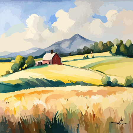 Farm on a hill with yellow or golden wheat field in a watercolor style, agriculture, cultivation, countryside, fieldのイラスト素材