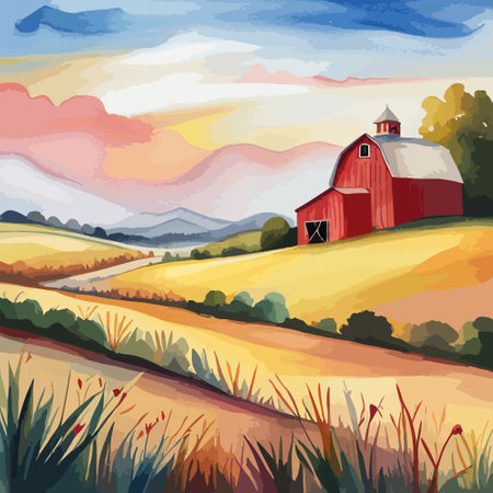 Farm on a hill with yellow or golden wheat field in a watercolor style, agriculture, cultivation, countryside, fieldのイラスト素材