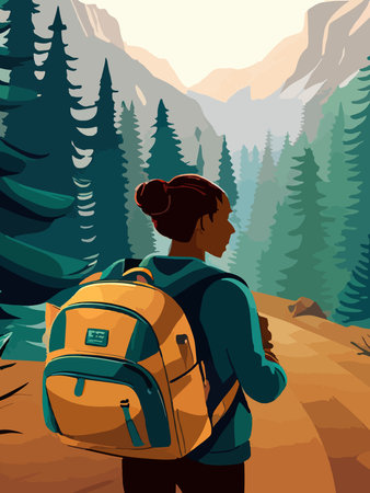 Beautiful design with a sense of travel. A young woman with a backpack inspects the surroundings. Vector verticalのイラスト素材