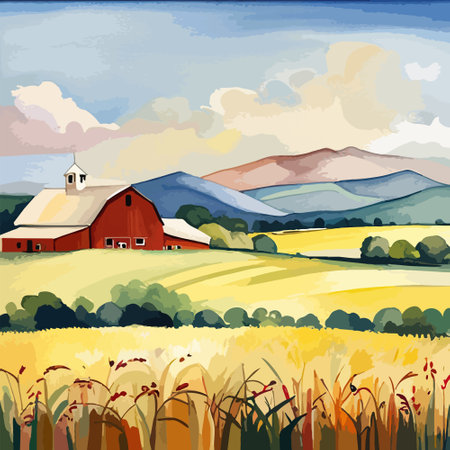 Farm on a hill with yellow or golden wheat field in a watercolor style, agriculture, cultivation, countryside, fieldのイラスト素材