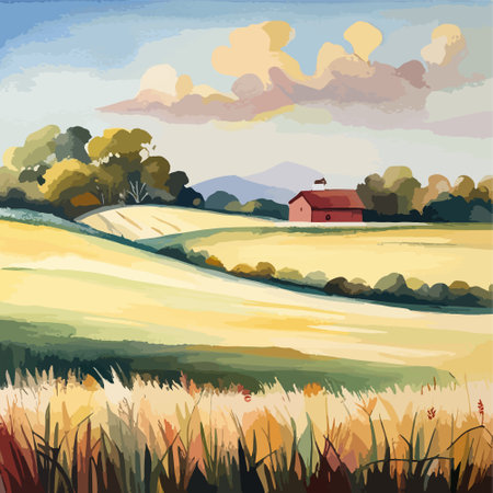 Farm on a hill with yellow or golden wheat field in a watercolor style, agriculture, cultivation, countryside, fieldのイラスト素材